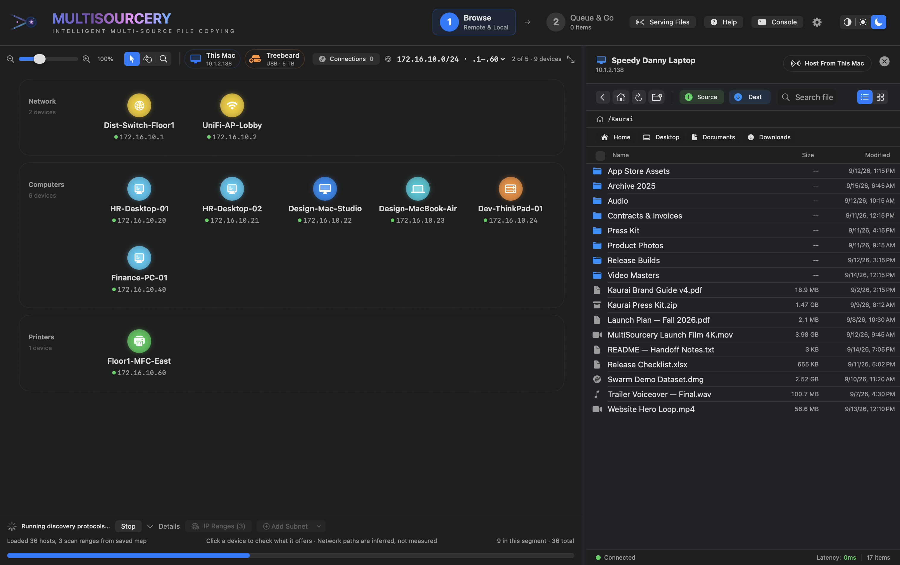 MultiSourcery on Mac showing an office network of switches, access points, computers, and a printer, with a project folder open in the file browser